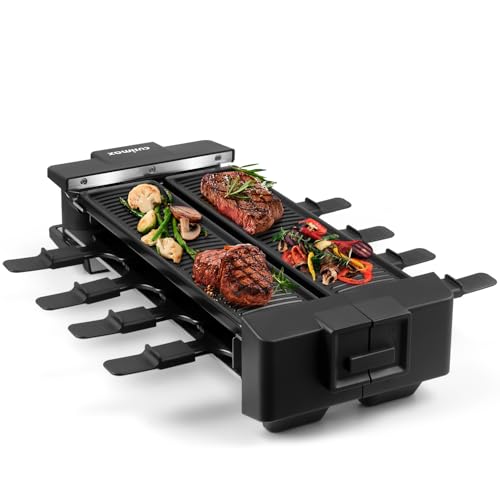 CUSIMAX Raclette Grill, Drehbarer Raclette mit 2 Separaten Grillplatten, 1400W Raclette für 8 Personen, 180° Drehbarer Elektrischer Tischgrill, 8 Pfännchen und 8 Holzspatel