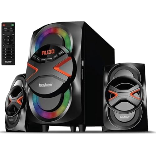 Boytone BT-326F, 2.1 Bluetooth Powerful Home Theater Speaker System, with FM Radio, SD USB Ports, Digital Playback, 40 Watts, Disco Lights, Full Function Remote Control, for Smartphone, Tablet., Black
