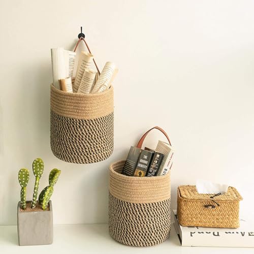 TSQZE 2er Pack Wandkörbe Zum Aufhängen, Aufbewahrungskörbe Mit Griff, Hängekorb Pflanzen Blumentopf Pflanzenkörbe, Korb Hängend Für Die Wand, Tür, Organizer Für Zimmer, Badezimmer (Jute)