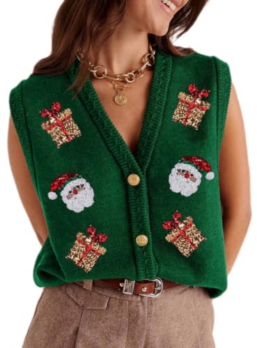 Image of Women Christmas Sweater Vests Santa Claus Sleeveless Cardigan | Women Christmas Sequin Sweater Vests, Button Down, Gingerbread Man Print, Christmas Holiday Tank Top