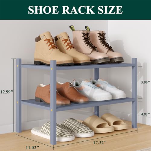 Image of Smiry Bamboo Shoe Rack, 5 Horizontal Slats, 2 Tier - 17.3 inch Wide, Grey