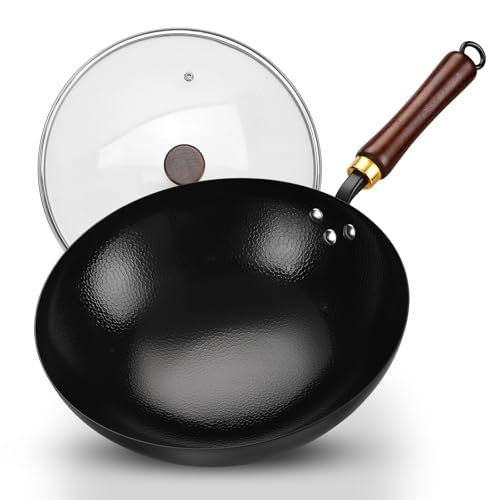 Image of UMETRE Carbon Steel Wok Pan, Woks & Stir-Fry Pans with Glass Lid Cookwares, Nonstick Wok, No Chemical Coated Round Bottom Hand Hammered Chinese Wok for All Stovetop Type