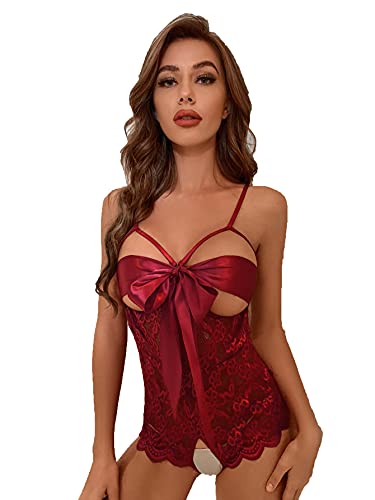 Romwe Women's Self Knot Front Teddy Lingerie One Piece Floral Lace Bodysuit Babydoll Burgundy XL