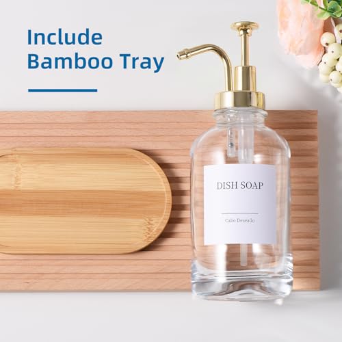 Image of Glass Soap Dispenser with Pump, Dish and Hand Soap Dispenser for Kitchen Bathroom Set, Clear Glass Dispenser Set of 2 Pack with 18 Stickers Funnel Bamboo Tray 500ml 18oz / Each Bottle Gold Pump
