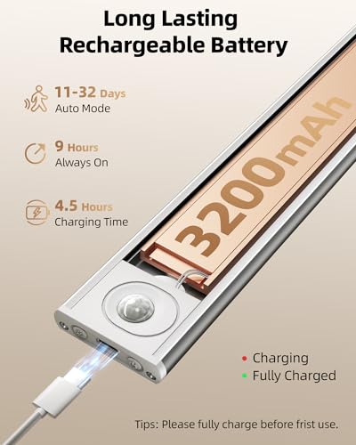 Image of Under Cabinet Lighting Wireless, Rechargeable Battery Motion Sensor Light Indoor, LED Closet Lights USB Charging, 3 Color Dimmable Under Cabinet Lights for Kitchen, Cabinet, Wardrobe (3 Pcs) 16inch