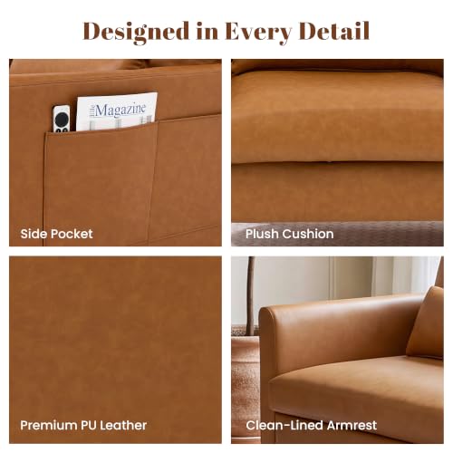 Image of Kingfun Faux Leather 3-Seater with Side Pocket, Mid Brown