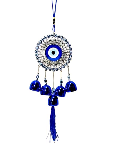 Image of Decorative Wind Chime for Home | Wooden House with Bells Colourful Beads | Positive Energy Balcony Living Room Hall Garden Home Decor (Evil Eye Hanging)