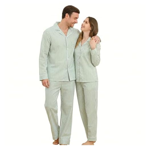 U2SKIIN Conjunto de pijama para casal, pijama listrado de algodão macio com botões para homens e mulheres, roupa de dormir de manga comprida com bolsos, Verde, branco, XGG