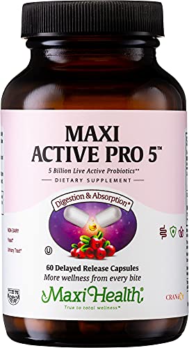Maxi Health Active Pro 5 Probiotic Supplement - Lactobacillus Probiotics for Men and Probiotics for Women Digestive Health, Gut Health, Bloating Relief, Gas Relief - 60 Delayed Release Capsules Maxi Health Active Pro 5 Probiotic Supplement - Lactobacillus Probiotics for Men and Probiotics for Women Digestive Health, Gut Health, Bloating Relief, Gas Relief - 60 Delayed Release Capsules