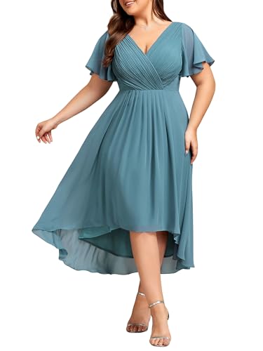 Image of Ever-Pretty Plus Summer Short Sleeves V-Neck Formal Wedding Guest Dresses for Curvy Women Chiffon Midi Cocktail Party Dress