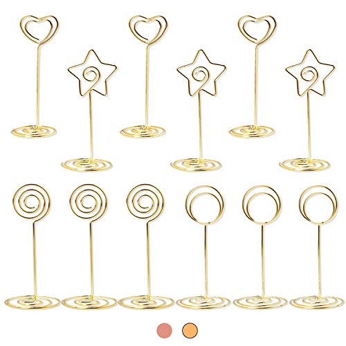QUMENEY Lot de 12 support pour numéro de table de mariage, Table Nom Porte Cartes Clip pour numéro de table de mariage, le banquet de fête (Or, 4 formes) Cover