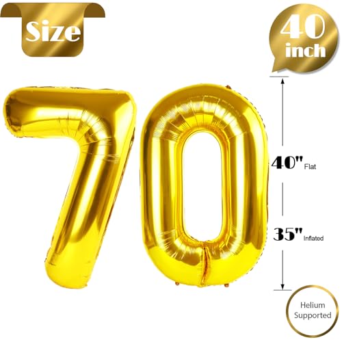 Image of Gold 70 Balloon - Number Balloon 40 Inch, 70th Gold Birthday Decorations | Giant foil helium inflatable 70th balloon numbers, Gold birthday party decorations for men & women, helium supported
