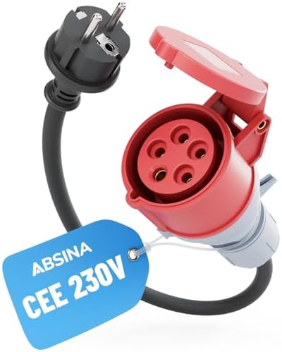 ABSINA Adapter Schuko Stecker auf CEE Kupplung 16A | Schuko auf CEE als Elektroauto Zubehör 16A 5-polig mit 60 cm Kabellänge & IP44 Schutz - Adapter 230V