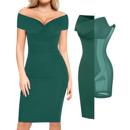 Image of Popilush Women's Shapewear Midi Dress Off Shoulder Wrap V Neck Formal Wedding Guest Cocktail Dresses Bodycon Evening Gowns