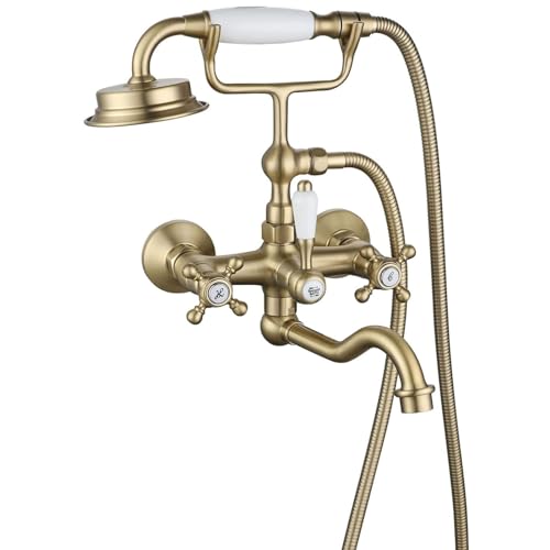 Tivezlor Clawfoot Tub Faucet, Wall Mount Bathtub Faucets with Handheld Shower Telephone Shaped, Vintage Brass Tub Filler with Swivel Tub Spout Double Cross Handle,Brushed gold