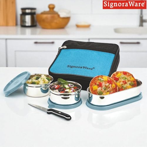 Image of SignoraWare Health Bite Stainless Steel Lunch Box | Airtight & Leakproof | Compact & Easy to Carry | Ideal for Meal Prep, Travel & Everyday Use (350ml x 2 + 650ml | Setof3 | EBlue)