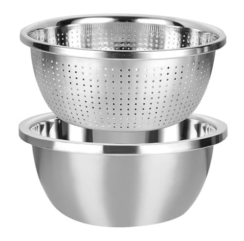 2 Pcs Stainless Steel Colander Bowl Set, Drainer Basket Basin for Washing Vegetables, Fruit Microporous Set Kitchen Strainer Vegetables Fruit, Salad, Rice, Pasta-Mixing Bowls Heavy Duty
