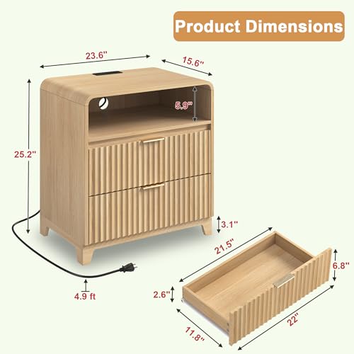 Image of Fluted Natural Nightstand Set of 2, 24 Inch Bedside Table with Charging Station, Modern Wood Night Stand with 2 Drawers and Open Shelf, End Table for Bedroom, Natural Oak