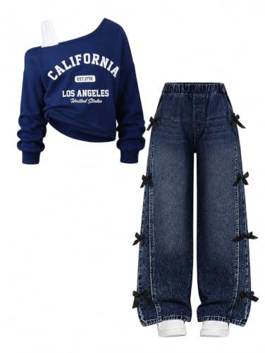 Kxuryueo - Kxuryueo Teen Girls Two Piece Outfit Set One Shoulder Loose Sweatshirt & Wide Leg Denim Jeans Casual School Clothes Size 13 14 - Best Deal on Amazon