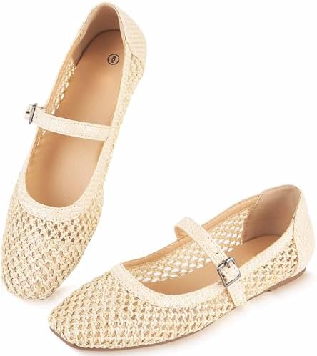 Knit Flats for Women Square Toe Ballet Flats with Strap, Washable Women Dressy Ballet Mary Jane Shoes for Work Office Casual Knit Slip On Shoes Low Heel