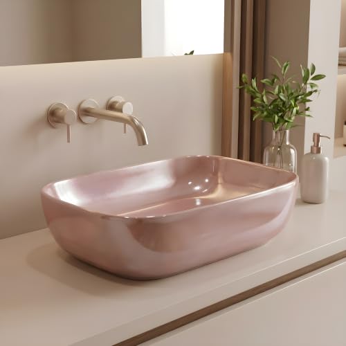 Image of VENICE Bathroom Vanity Sink Countertop Stylish & Durable Ceramic Tabletop Wash Basin Rectangular Vessel Bowl Metallic Pink Glossy Finish
