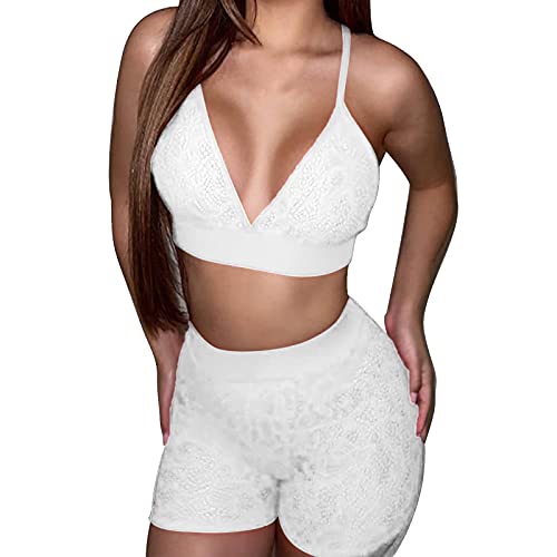 Women s Mesh Lingerie Fishnet Babydoll See Through Lace Floral Strappy Bra and High Waist Short Lingerie Set Bodysuit White