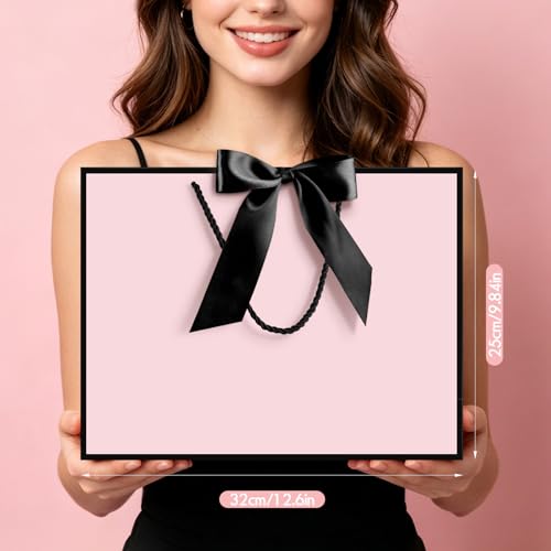Image of JMANNI Gift Bags with Handles, 13 inch Medium Gift Bag for Presents, 8 Pcs Bags with 16 Tissue Paper and 8 Cards for Baby Shower Wedding Bridal Shower Mother's Day Birthday Party (pink black)