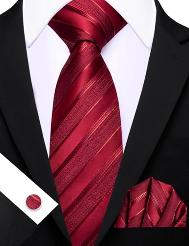 Image of Barry.Wang Man Stripe Ties Set Silk Woven Pocket Square Necktie Cufflinks Formal Party Business