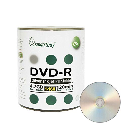 Smart Buy 100 Pack Dvd-R 4.7Gb 16X Silver Printable Inkjet Blank Record Disc, 100 Disc 100Pk #TOP28