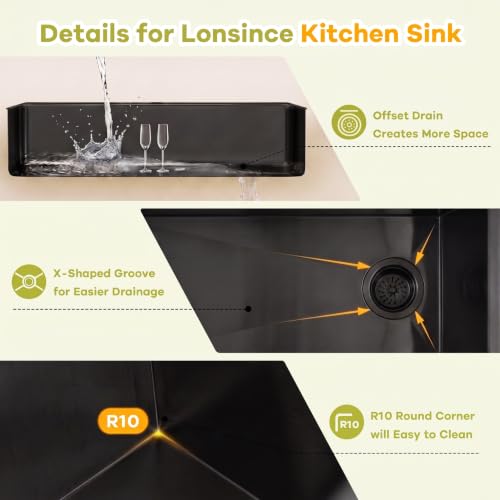 Lonsince Black Undermount Kitchen Sink 33 inch,16 Gauge Stainless Steel Sinks,Single Bowl Workstation Sink,Modern Kitchen Sink Offset Drain (33" X 18") by Lonsince - Used condition - Image 7