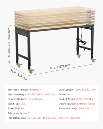 Image of VEVOR Adjustable Workbench, 60 Inch Work Bench with Power Outlet, Wheels, and Pegboard, 2000 lbs Load Heavy Duty Oak Wood Top Work Table for Garage, Workshop, Office, and Home