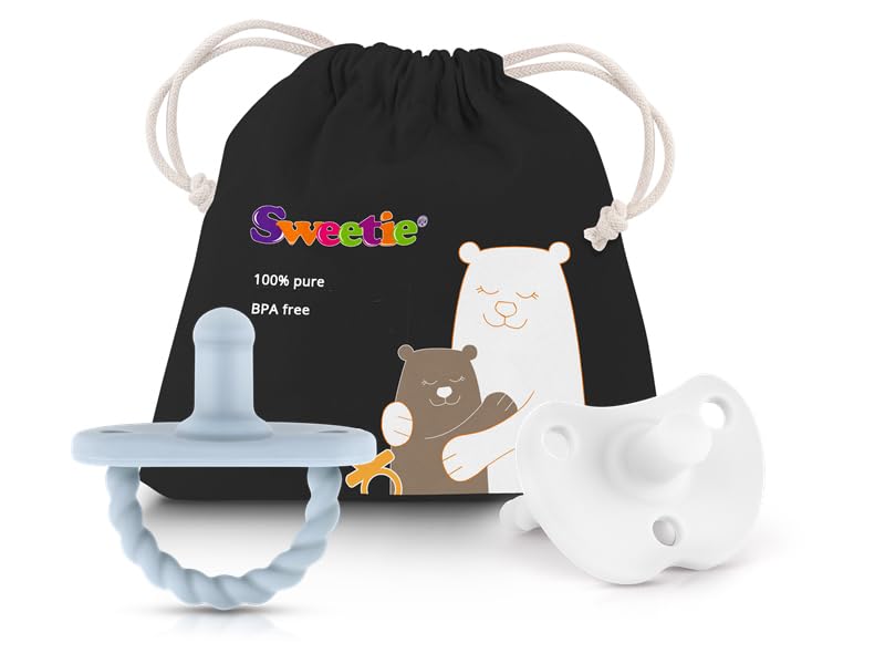 Sweetie Pacifier Soother Baby Silicone Baby Pacifier Soft Silicone Certified BPA Free Set of 2 (White-light blue)