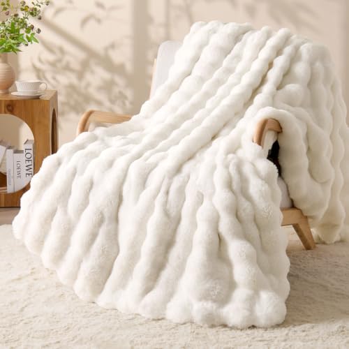 Image of BEDELITE Faux Fur Throw Bubble Blanket for Couch, 60 inch x 80 inch, Cream | 870GSM Soft Cozy Plush Blanket for Sofa & Bed Living Room Decor, Warm Fuzzy Faux Rabbit Fur for Women Gift, All Season Use