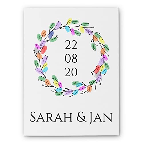 CHRISCK design - Leinwand Gästebuch Hochzeit - Fingerabdruck Blumenkranz - Hochzeitsidee mit Fingerprints - Hochwertiger UV Druck - Wandmontage - für Wohnzimmer, Schlafzimmer, Küche