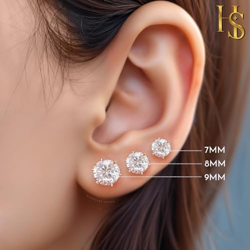 Image of HIGHSPARK 925 Silver Solitaire Stud Earrings | 92.5 Sterling Silver & Round Brilliant Cubic Zirconia Tops for Men Women