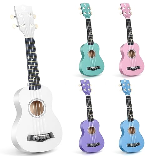 Soprano Ukuleles for Beginners, Hawaiian Ukuleles 21 Inch Basswood,4 - Strings Guitar Ukulele for kids Adult Student, White