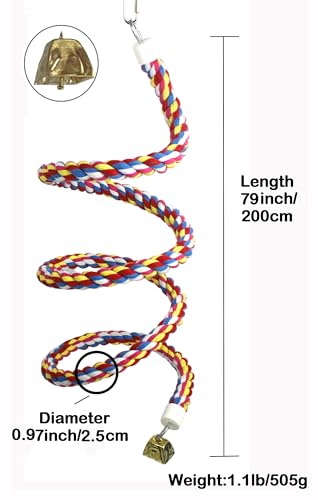 Image of 2PCSx 79inch(200cm) Bird Spiral Rope with Golden Bell Perches Birdcage Swing Toys 100% Cotton Natural Bird Perch Peck /Chewing Climbing Standing Bungee Parrot Toys for Regular to Large Size Parrot