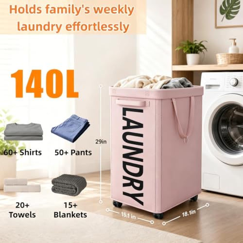 Image of Optish 140L Laundry Hamper with Wheels, Rolling Laundry Basket with Removable Mesh Bag, Extra Large Clothes Hamper on Wheel for Bedroom, Bathroom, Dorm Room Essentials, Pink