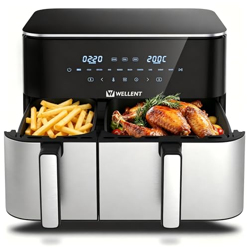 WELLENT 11L Airfryer 2 Kammern, 2600W Heißluftfritteuse XXL(4+7L),10-in-1 Heissluftfritteuse Doppelkammer Air fryer Dual Zone mit Touchscreen, Match & Sync-funktion, spülmaschinenfest 1