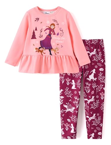 Disney Frozen Anna Toddler Girls Fall Clothes Long Sleeve Ruffle Shirt and Print Leggings Girls Outfit 2 Piece Outfits Casual Fashion Pullover Sweatshirt Dailywear 5-6T Red