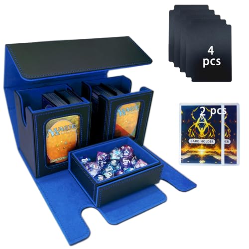 Alinwu MTG Commander Card Storage Box - Fits 200 Double Sleeved Cards,3-in-1Card Deck Case,Strong Magnet Card Organizer For Magic Commander TCG CCG,4Dividers &2 Toploaders(Black&Blue)