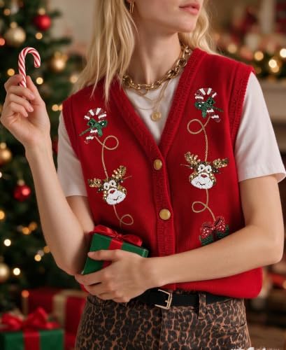 Image of Women Christmas Sweater Vests Santa Claus Sleeveless Cardigan | Women Christmas Sequin Sweater Vests, Button Down, Gingerbread Man Print, Christmas Holiday Tank Top