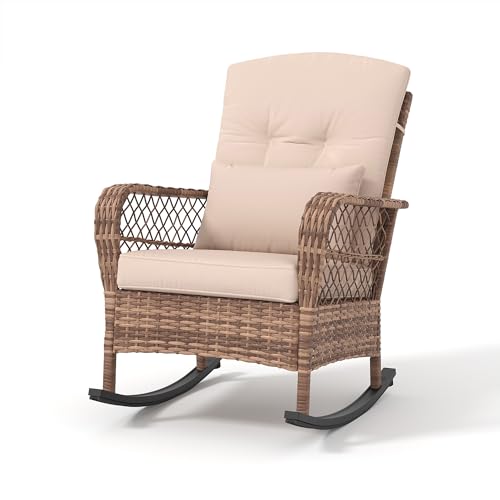 Outdoor Wicker Rocking Chair with Thick Cushions Rattan Patio Chairs with Lumbar Pillow Removable Washable Covers All Weather Patio Furniture for Porch Balcony Garden Beige