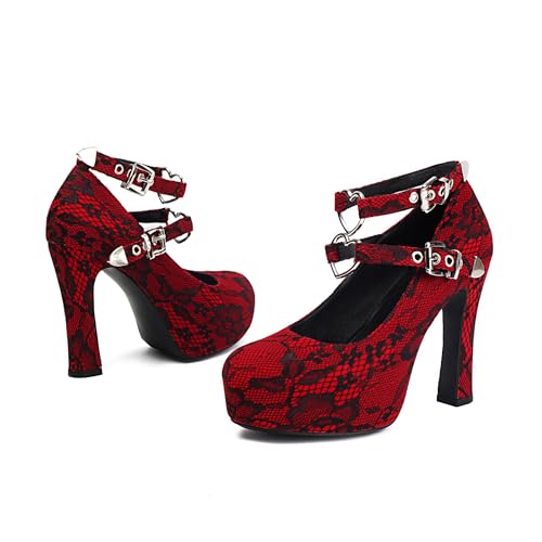 Women's Mary Jane Gothic Close Round Toe Platform Pump High Heels Double Heart Shape Anckle Straps Shoes2