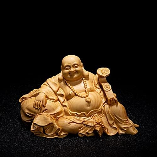 Boxwood 11cm Maitreya Sculpture Buddha Wood Statue Laughing Buddha