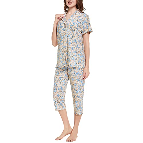Image of Tugege Capri Pajamas Set Womens Button Down Short Sleeve Lounge Sets Sleepwear Notch Collar Top & Capri 2 Piece PJ Sets