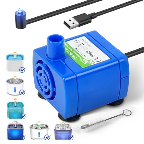 IP68 DR-DC160 Submersible Water Pump Cat Water Fountain Pump for Tritone Ceramic, Stainless Steel, Round Flower Cap Cat Fountains, Automatic Pet Water Dispenser Replacement Pump (with LED & Brush)