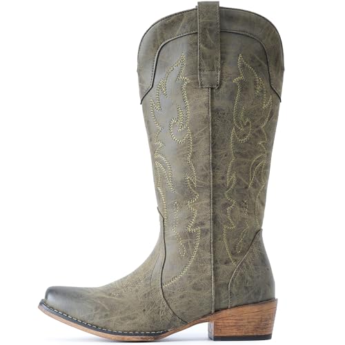 Image of IUV Cowboy Boots for Women Mid Calf Fashion Cowgirl Boots with Embroidery Western Snip Toe