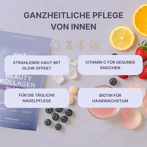Wellbe Kollagen Pulver Wildberry - hochdosiert mit maximal bioaktivem Kollagen Hydrolysat, Biotin, Zink, Vitamin C & Hyaluron - Collagen Pulver - Kollagenpulver Peptide Made in Germany 6 x 250g 2