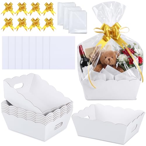 Image of Fuyoooo 8 Pack White Basket for Gifts Empty to Fill, 10 inch x 8 inch Thick Sturdy Kraft Scalloped Edge Gift Basket with Handle, 8 Wrap Bag 8 Bow 16 Tissue Paper for Christmas Wedding Birthday Wrapping Gift